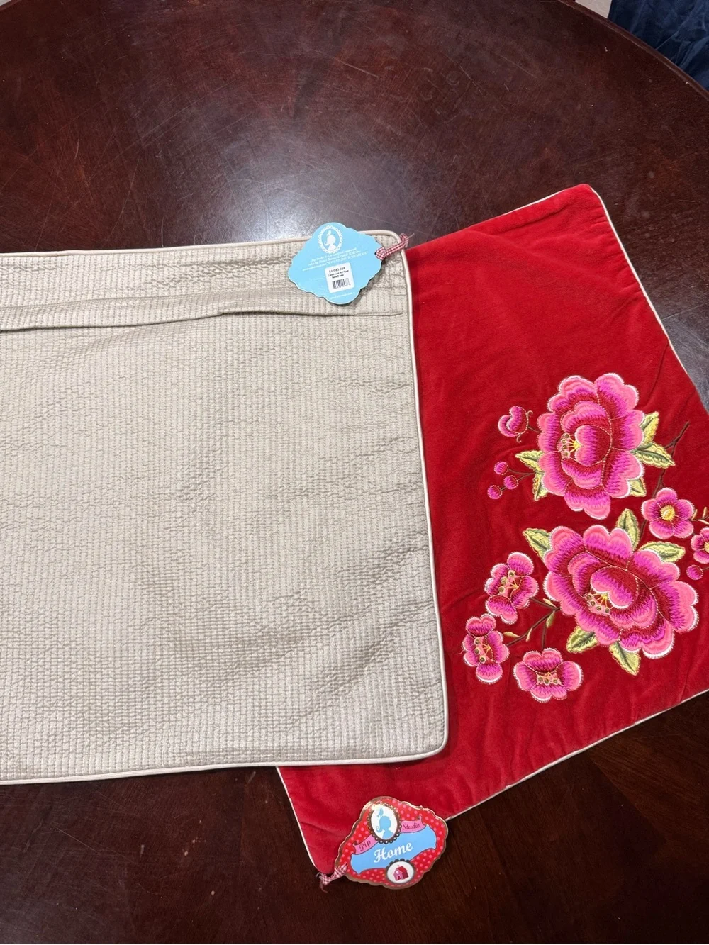 Anthropologie Red Velvet Accent Pillow Covers with Pink Floral Embroidery